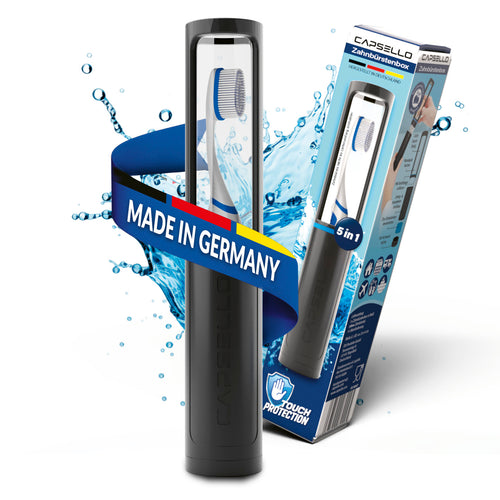 Die Zahnbürstenbox in schwarz, mit Verpackung.