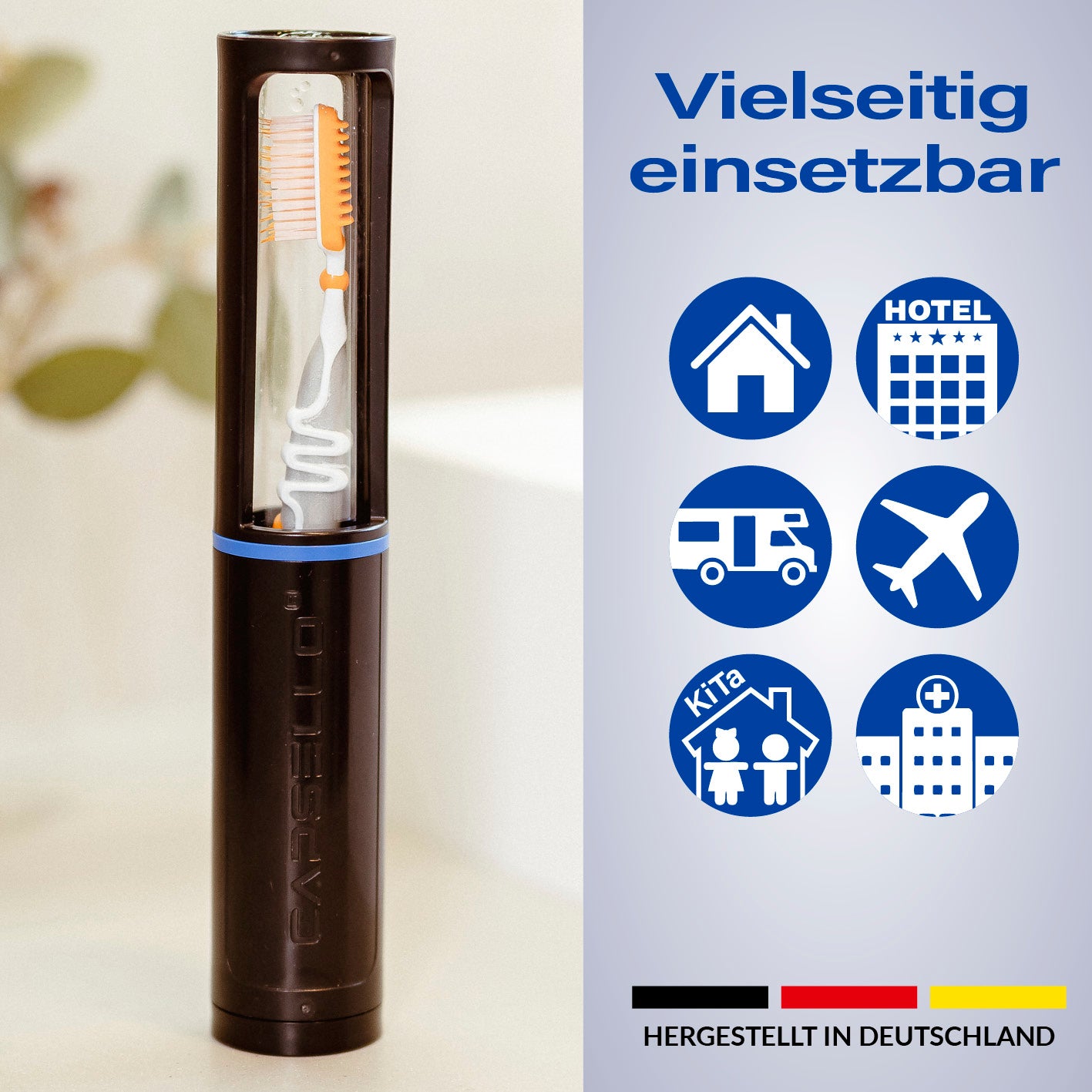 Detailansicht der Capsello Zahnbürstenbox – innovatives Hygienedesign entwickelt vom Zahnarzt